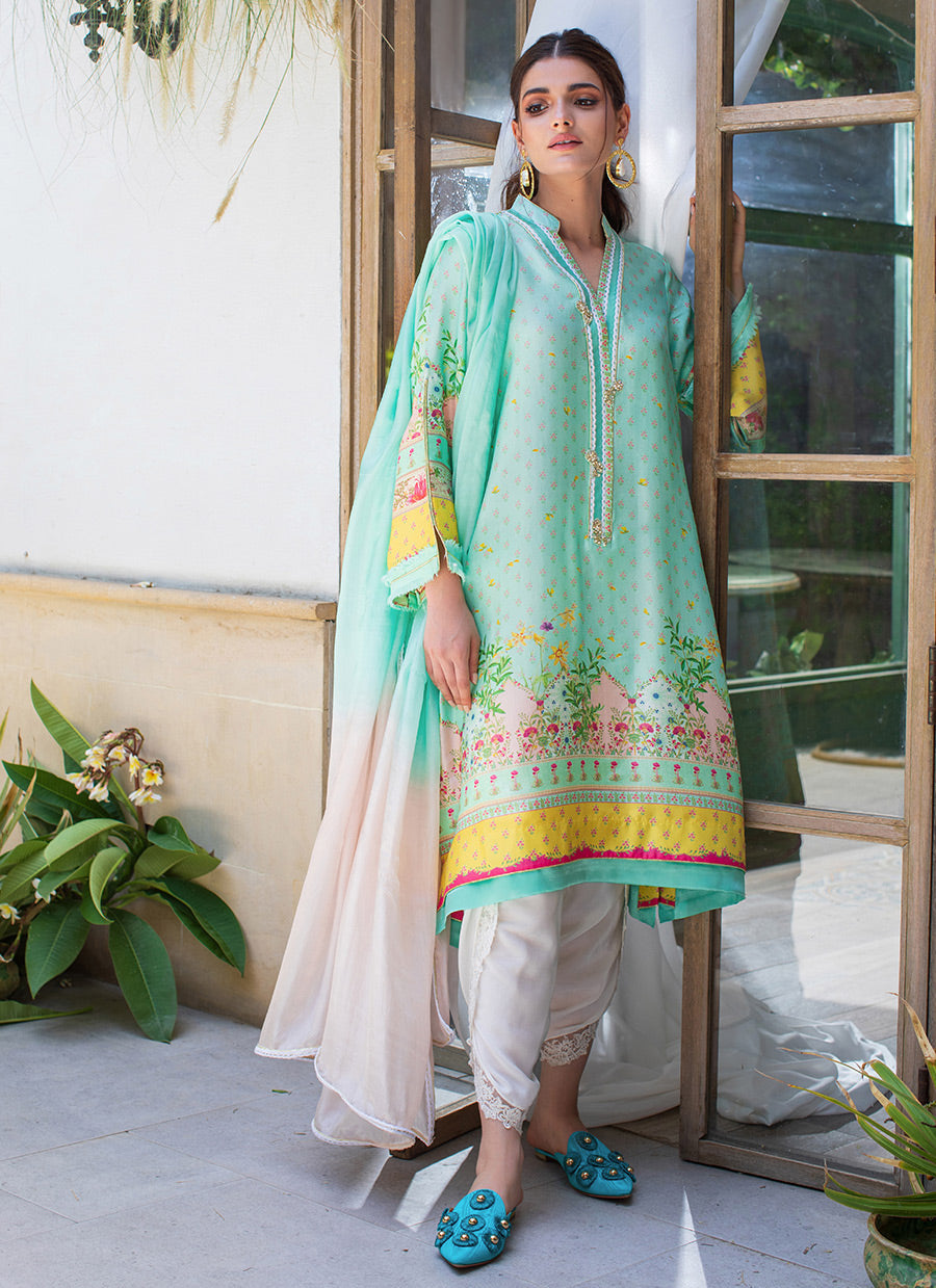 AZURE RAW SILK TUNIC AND SILK DUPATTA