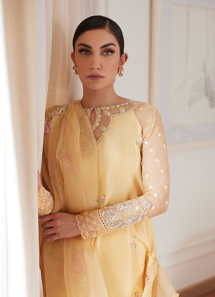 CYRILLA PALE YELLOW EMBROIDERED RAW SILK SHIRT WITH DRAPED DUPATTA