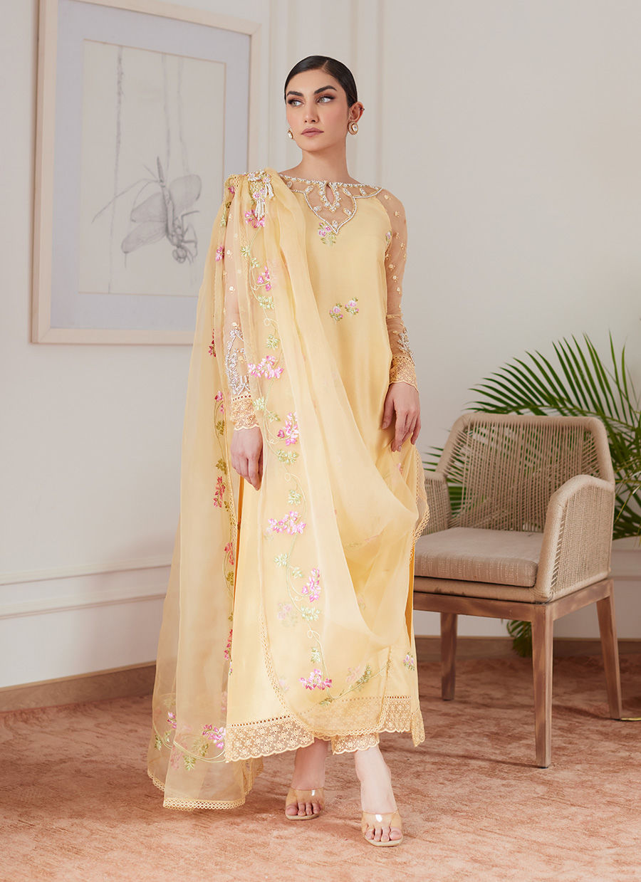 CYRILLA PALE YELLOW EMBROIDERED RAW SILK SHIRT WITH DRAPED DUPATTA