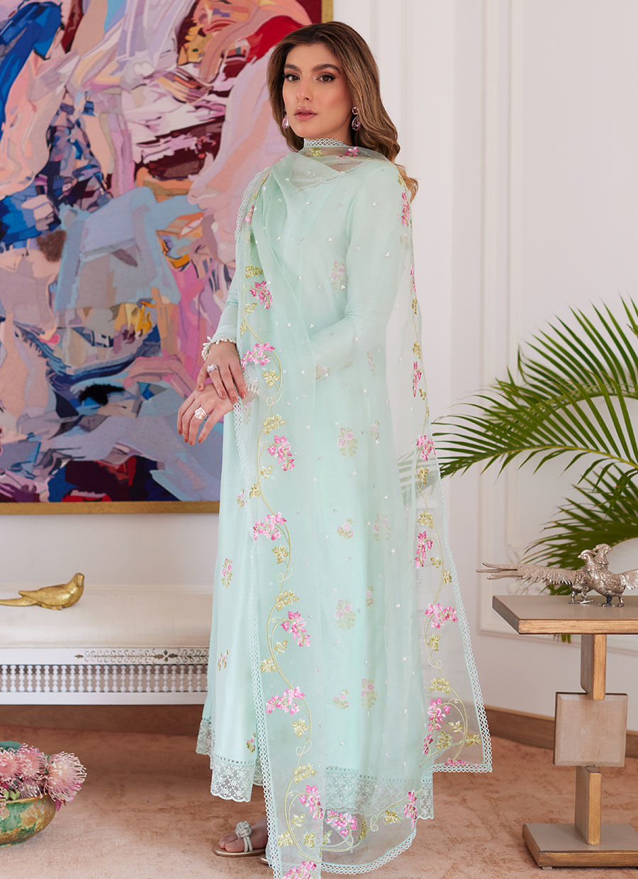 ELYSSIA MINT EMBROIDERED RAW SILK KALIDAR WITH DUPATTA