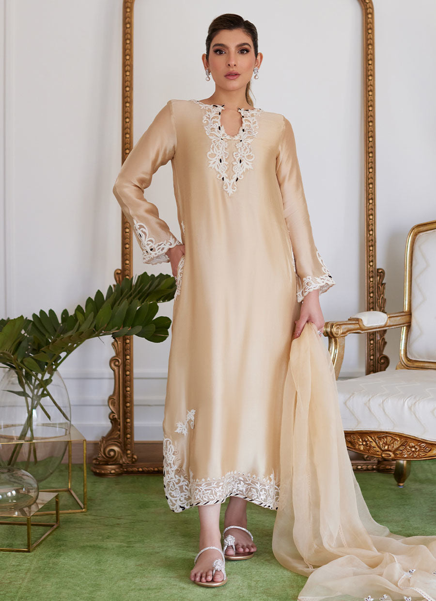 MELVINA CHAMPAGNE BEIGE EMBROIDERED SHISHA SILK SHIRT WITH DUPATTA