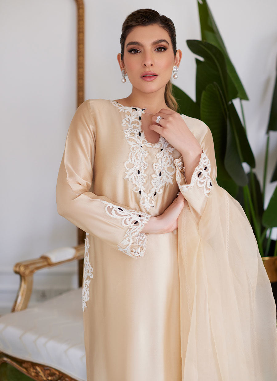 MELVINA CHAMPAGNE BEIGE EMBROIDERED SHISHA SILK SHIRT WITH DUPATTA