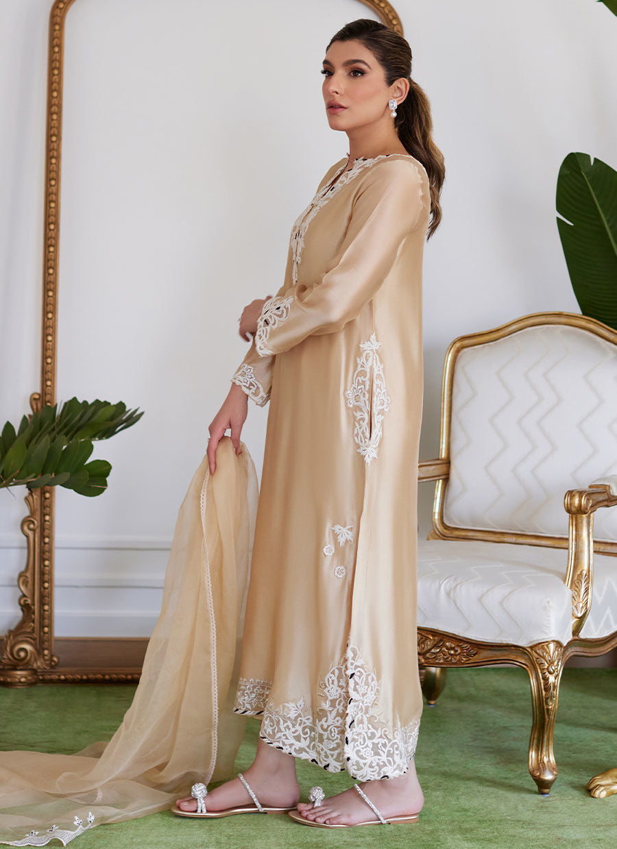 MELVINA CHAMPAGNE BEIGE EMBROIDERED SHISHA SILK SHIRT WITH DUPATTA