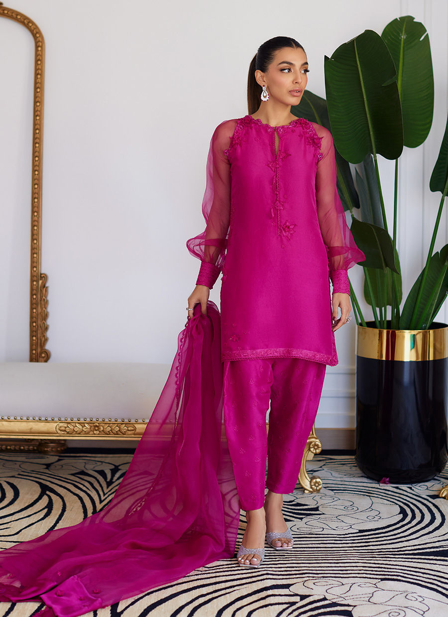 ELIO HOT PINK RAW SILK SHIRT WITH DUPATTA