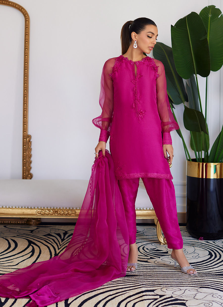 ELIO HOT PINK RAW SILK SHIRT WITH DUPATTA