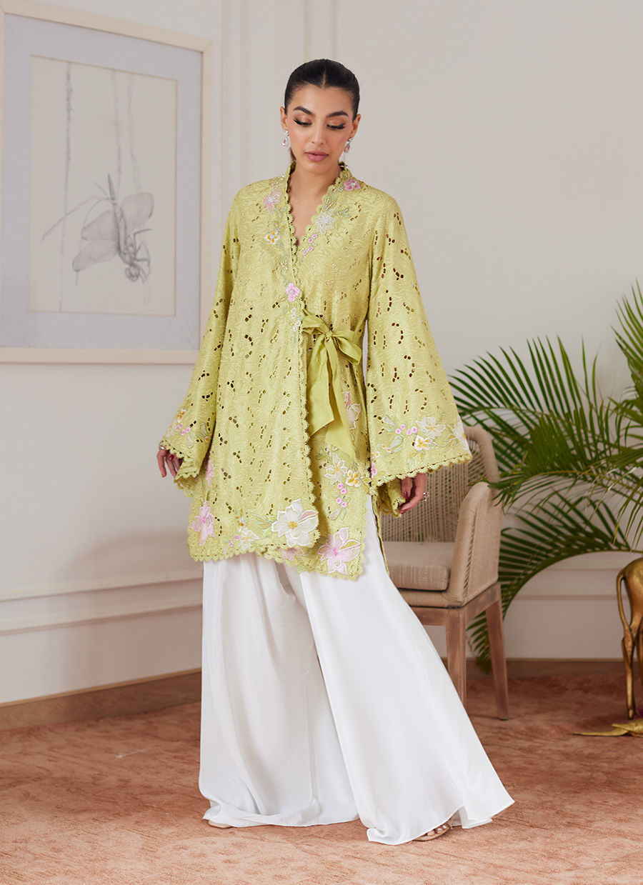 ABIGAIL KIWI EMBROIDERED RAW SILK SCHIFFLI KIMONO WRAP