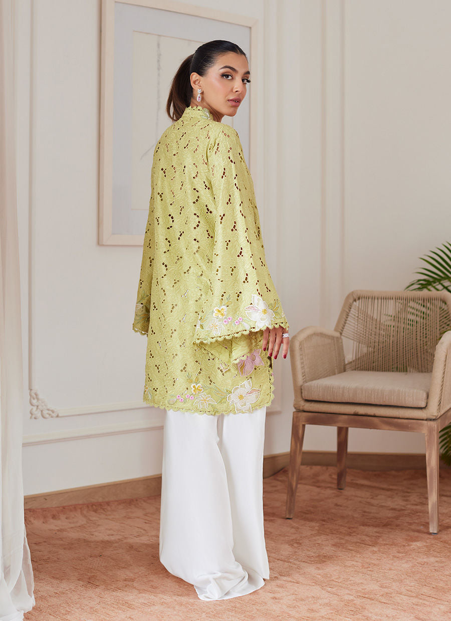 ABIGAIL KIWI EMBROIDERED RAW SILK SCHIFFLI KIMONO WRAP