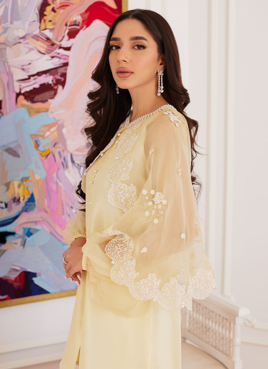 ESMERALDA PASTEL YELLOW RAW SILK SHIRT WITH ATTACHED CAPE