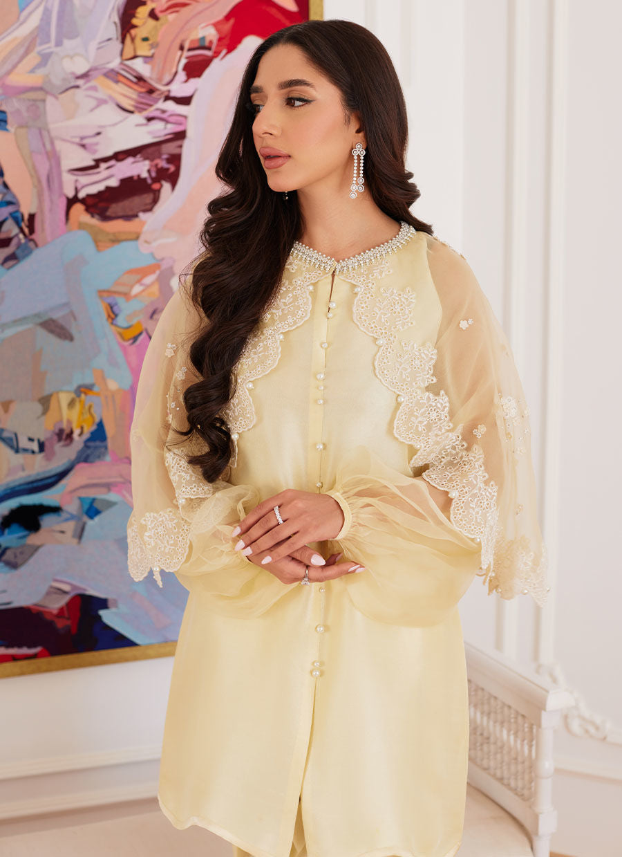 ESMERALDA PASTEL YELLOW RAW SILK SHIRT WITH ATTACHED CAPE