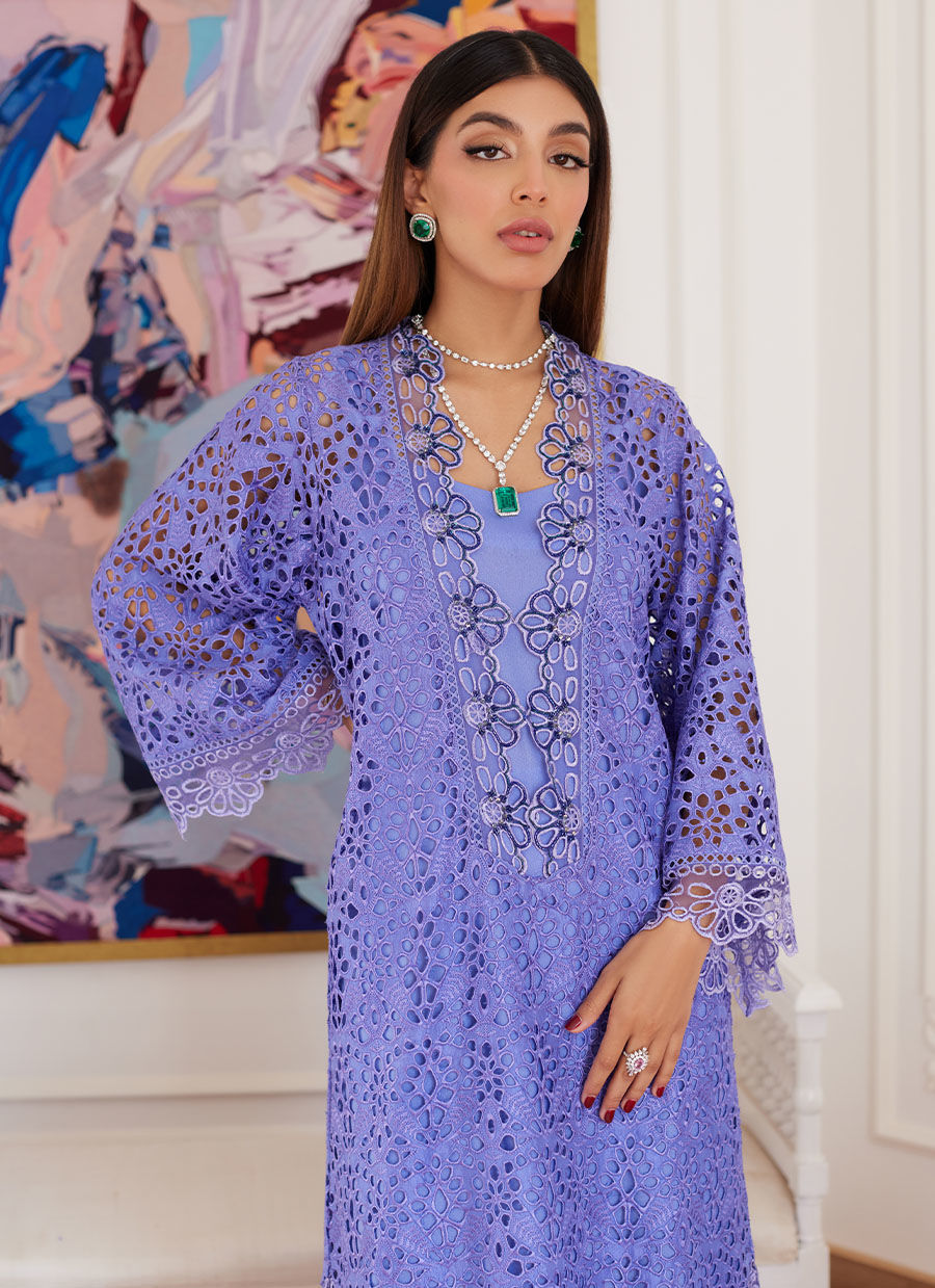 EVANTHIA PERIWINKLE RAWSILK SCHIFFLI LONG SHIRT