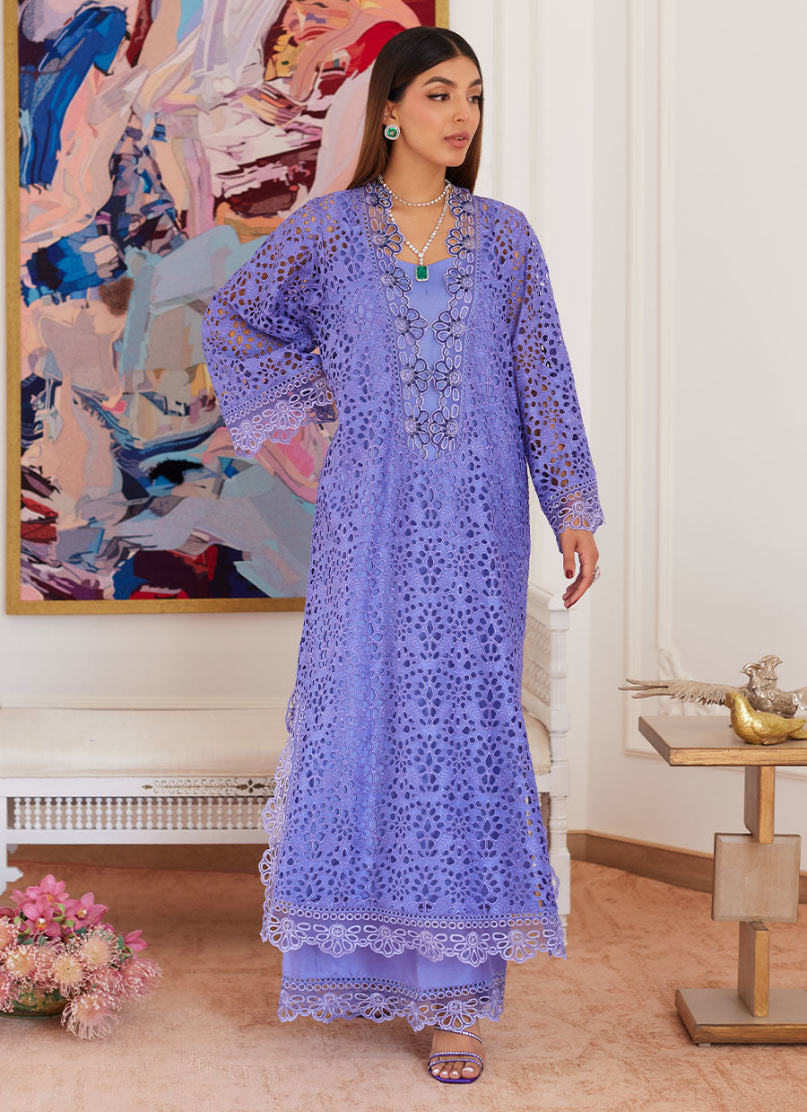 EVANTHIA PERIWINKLE RAWSILK SCHIFFLI LONG SHIRT