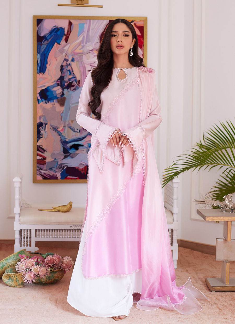 ARELLIA BABY PINK TWO TONED RAWSILK SHIRT WITH DUPATTA