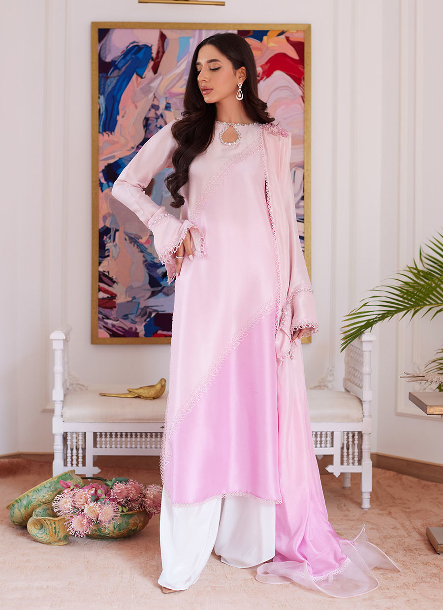 ARELLIA BABY PINK TWO TONED RAWSILK SHIRT WITH DUPATTA