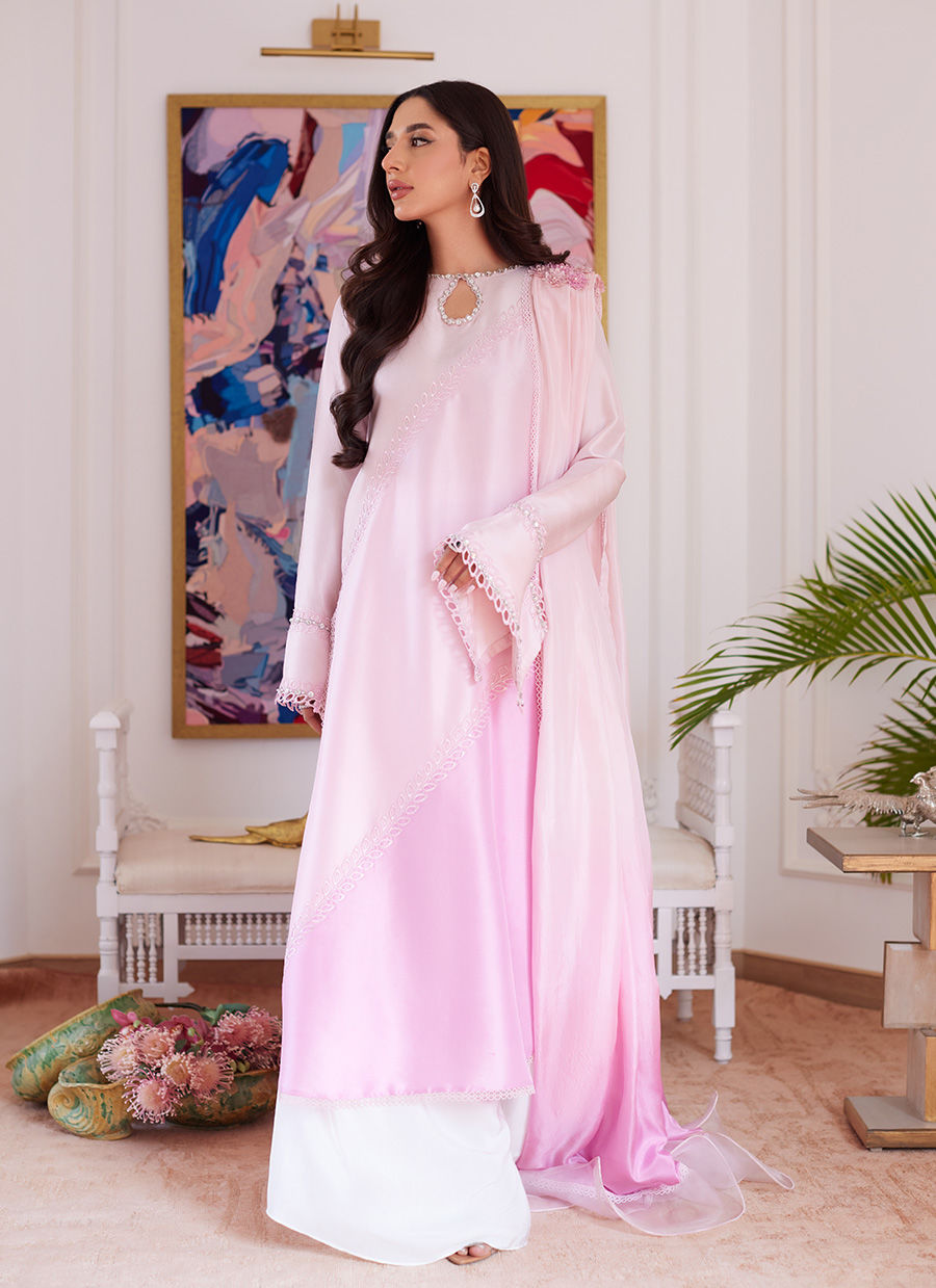 ARELLIA BABY PINK TWO TONED RAWSILK SHIRT WITH DUPATTA