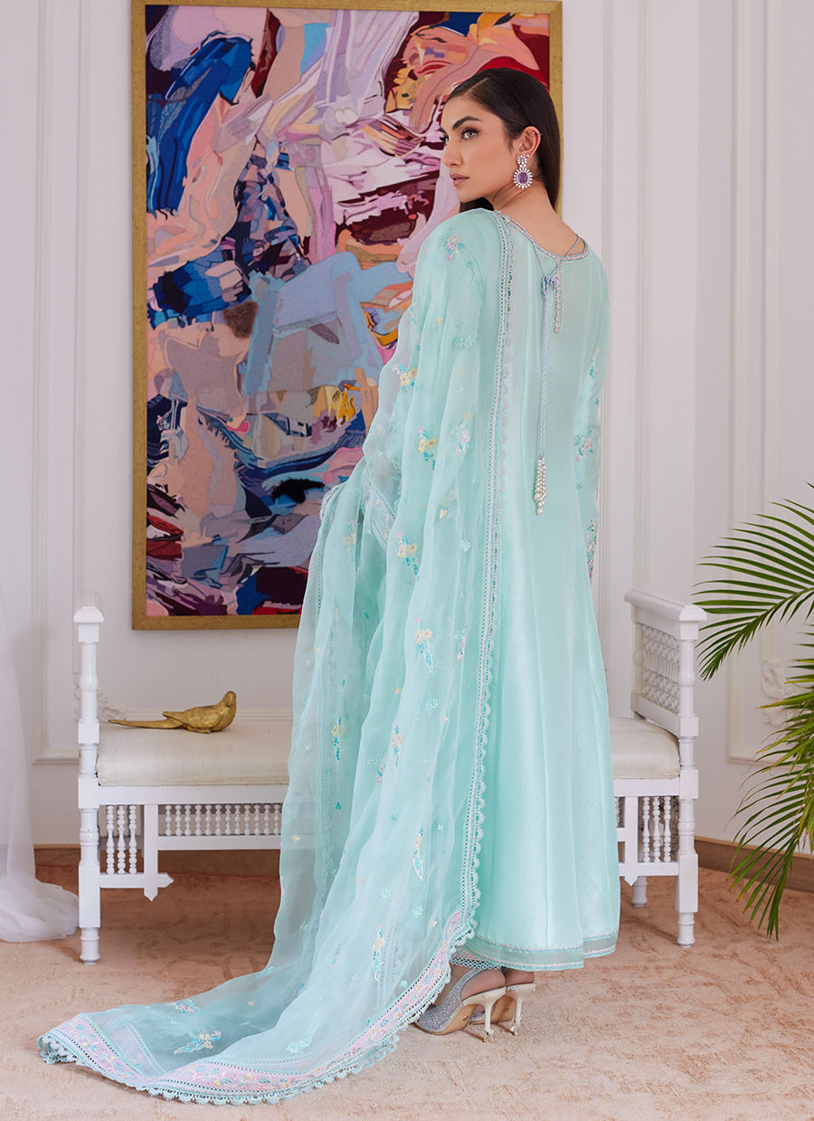 AURELLA MINT EMBROIDERED RAW SILK SHIRT WITH DUPATTA