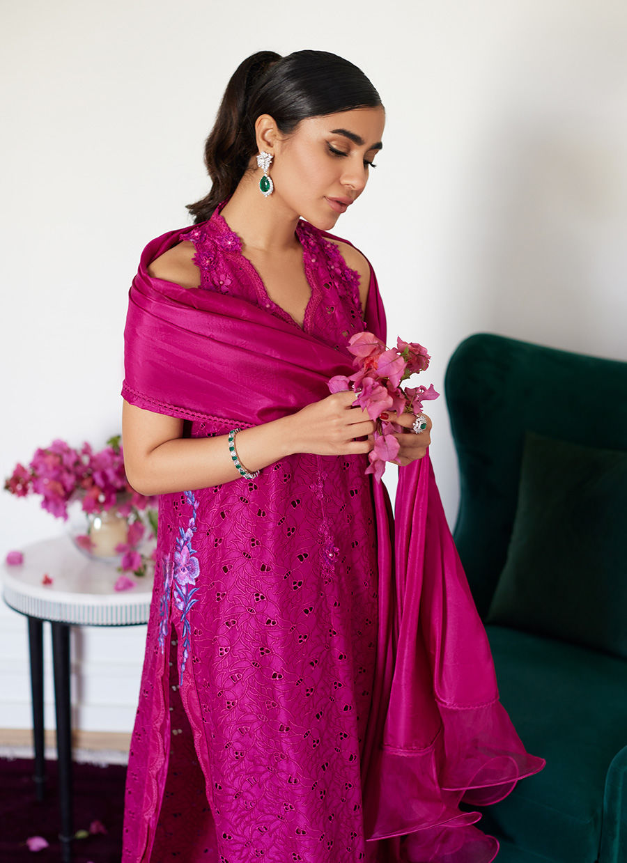 CLARIENE HOT PINK SCHIFFLI SHIRT WITH DUPATTA