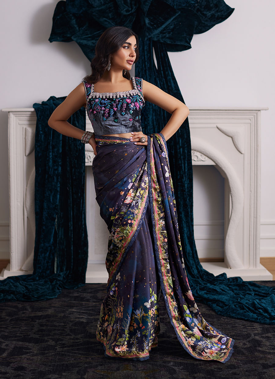 Alixia Charmeuse Saree With Velvet Blouse