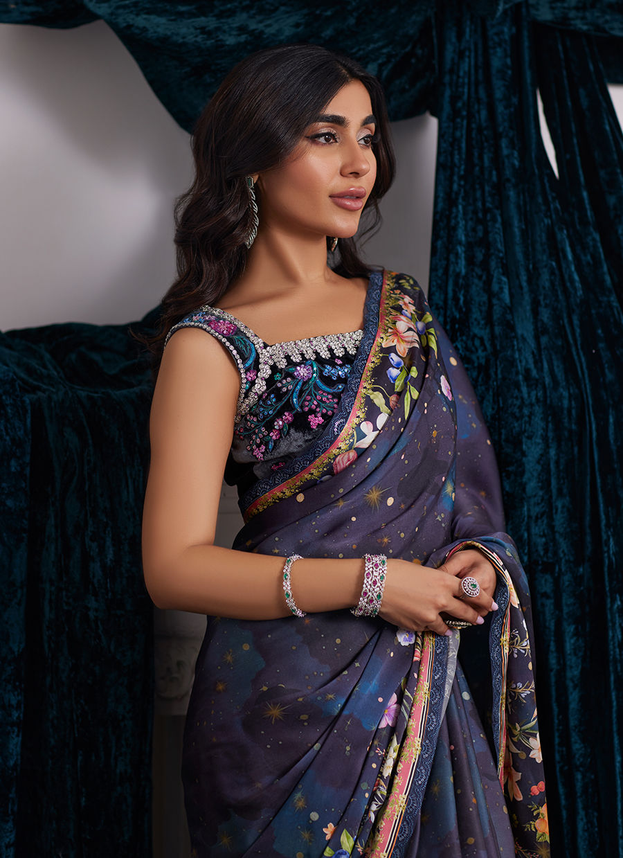 Alixia Charmeuse Saree With Velvet Blouse