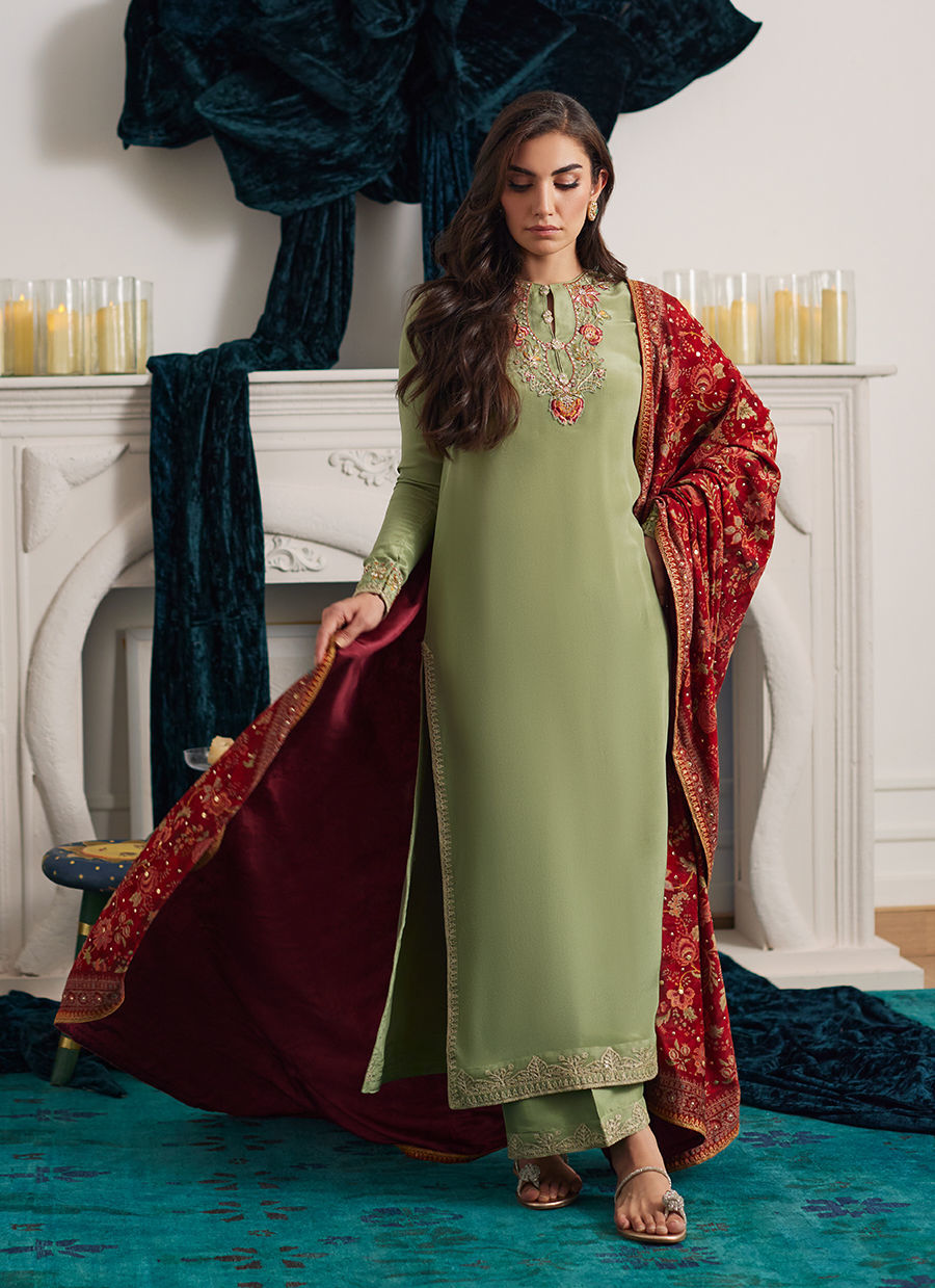 Savette Pistachio Crepe Shirt & Dupatta