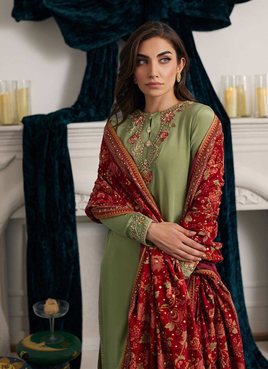 Savette Pistachio Crepe Shirt & Dupatta