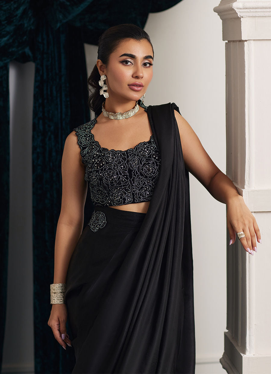 Marli Onyx Saree And Velvet Blouse