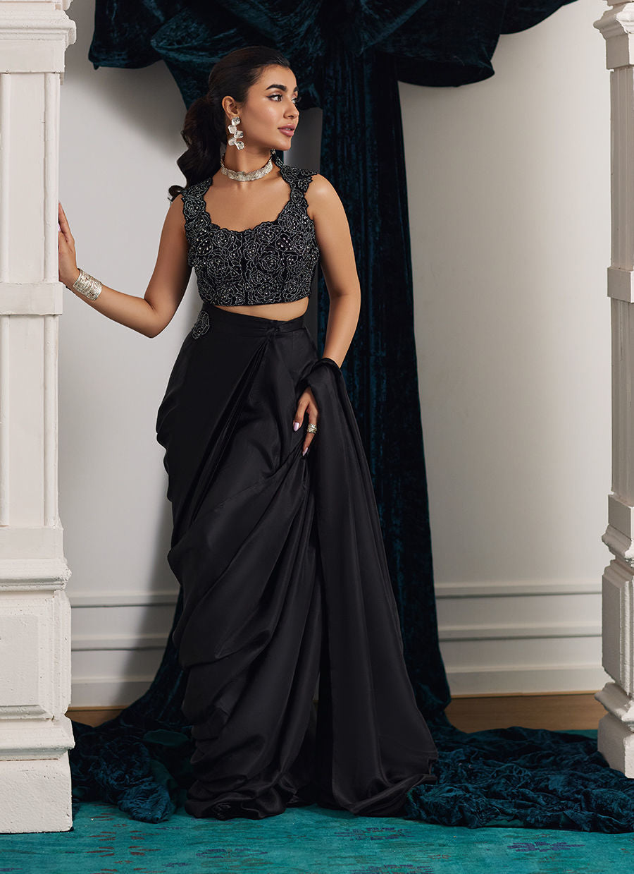 Marli Onyx Saree And Velvet Blouse