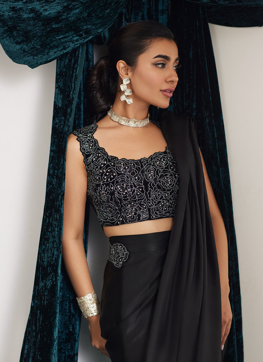 Marli Onyx Saree And Velvet Blouse