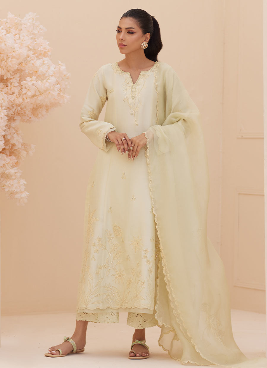 Crema Embroidered Raw Silk Shirt and Dupatta