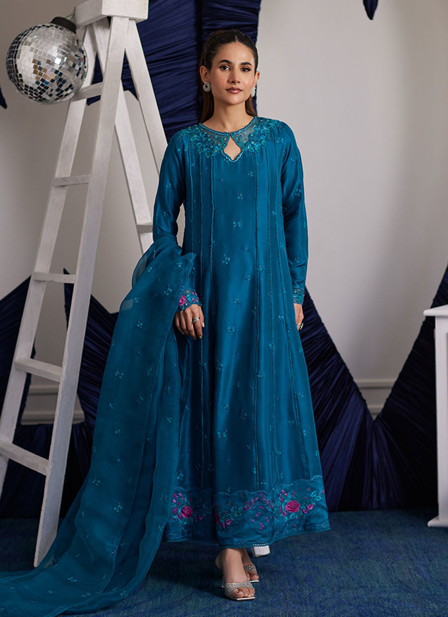 Shiro Teal Paneled Shirt And Dupatta