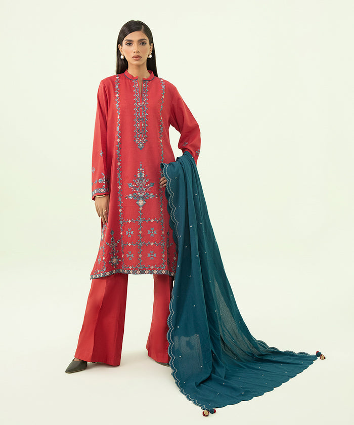 3 PIECE - EMBROIDERED COTTON KARANDI SUIT  0U3PEST23V85