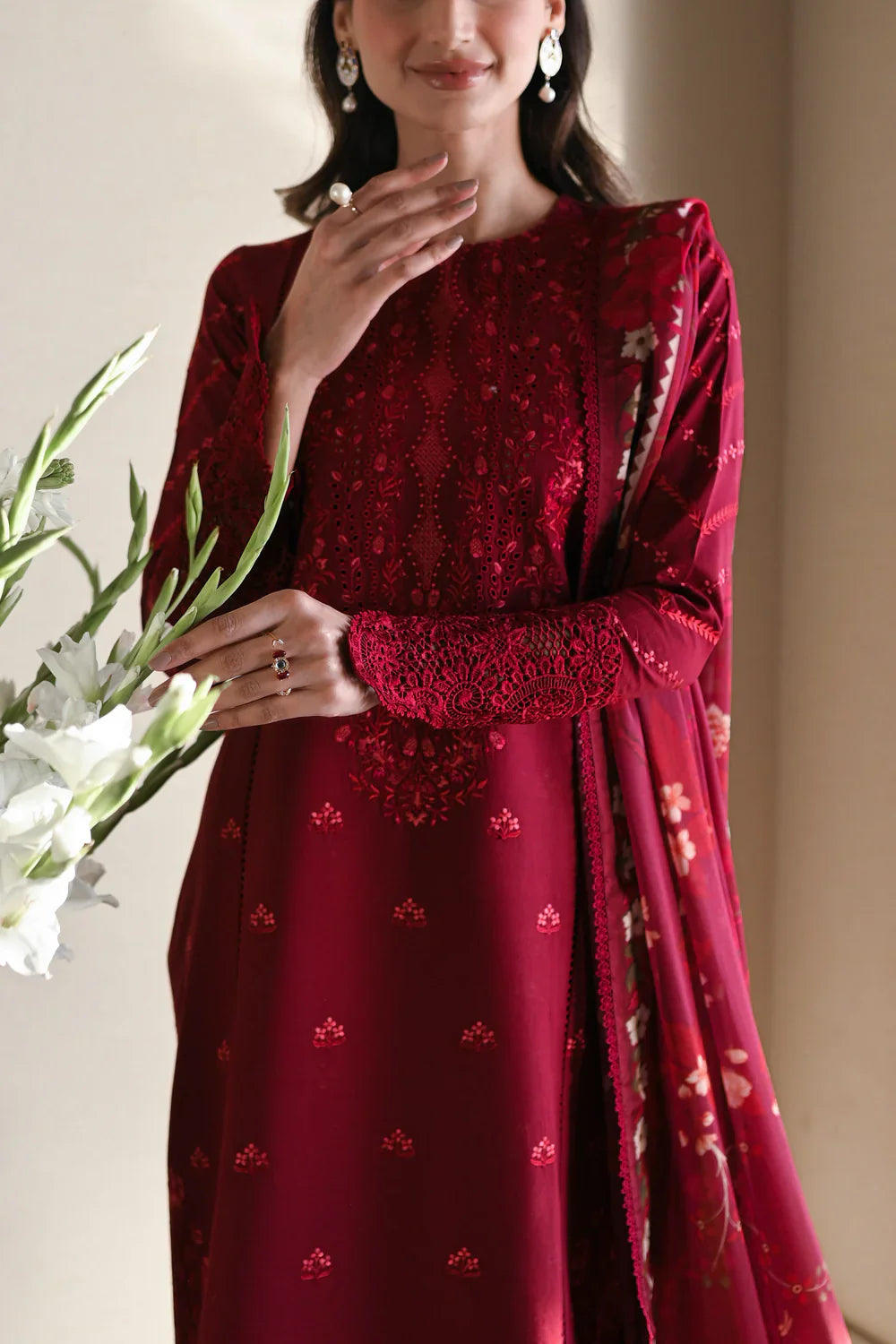 MAROON LUXURY EMBROIDERED LAWN SET 2025 (NEL-25606)