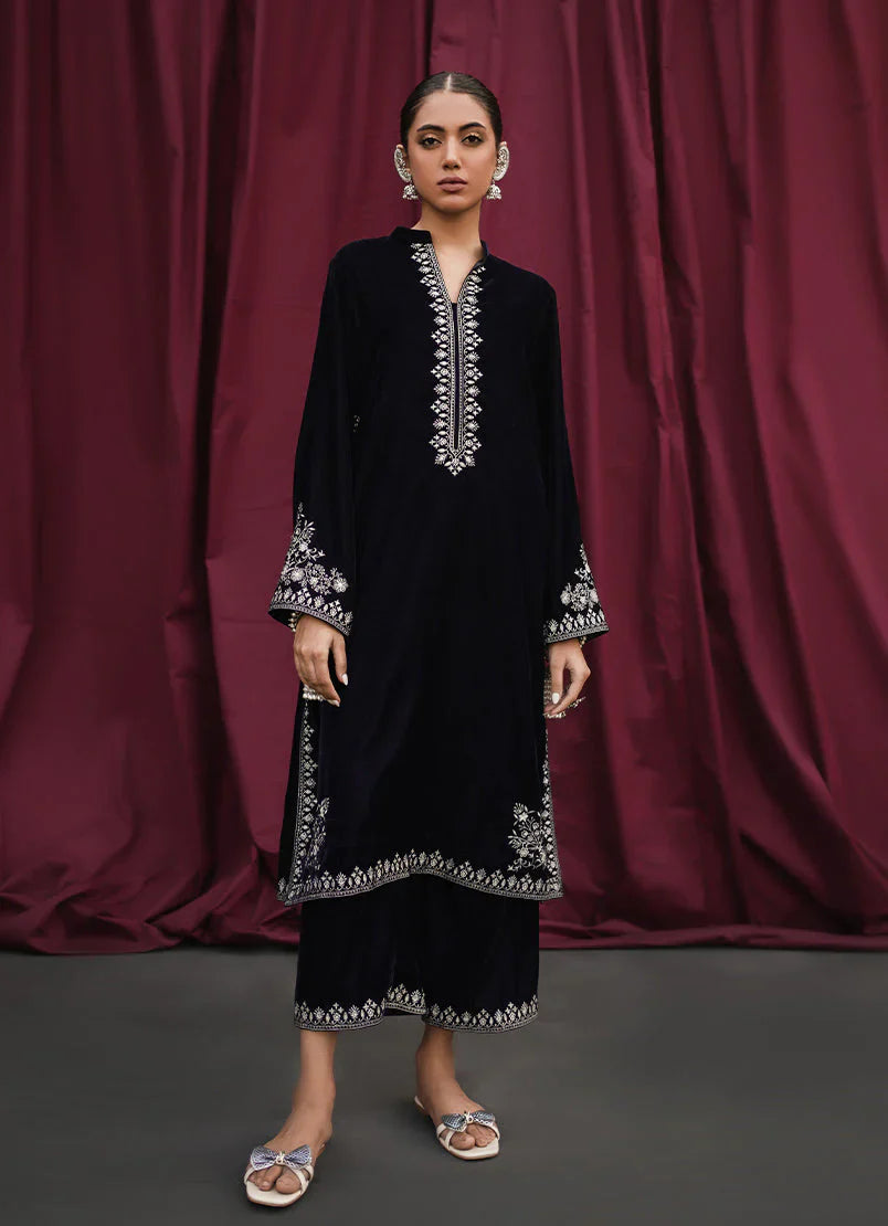 Navy Blue Velvet Embroidered CO-ORD Set