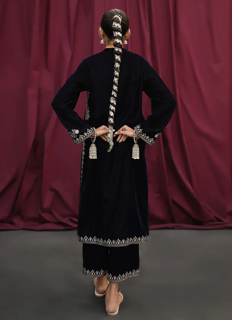 Navy Blue Velvet Embroidered CO-ORD Set