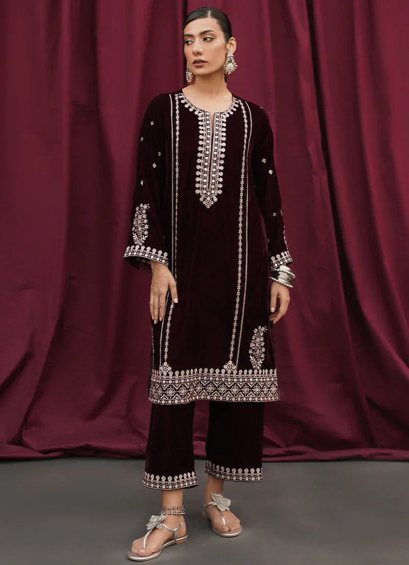 Maroon Velvet Embroidered  CO-ORD Set