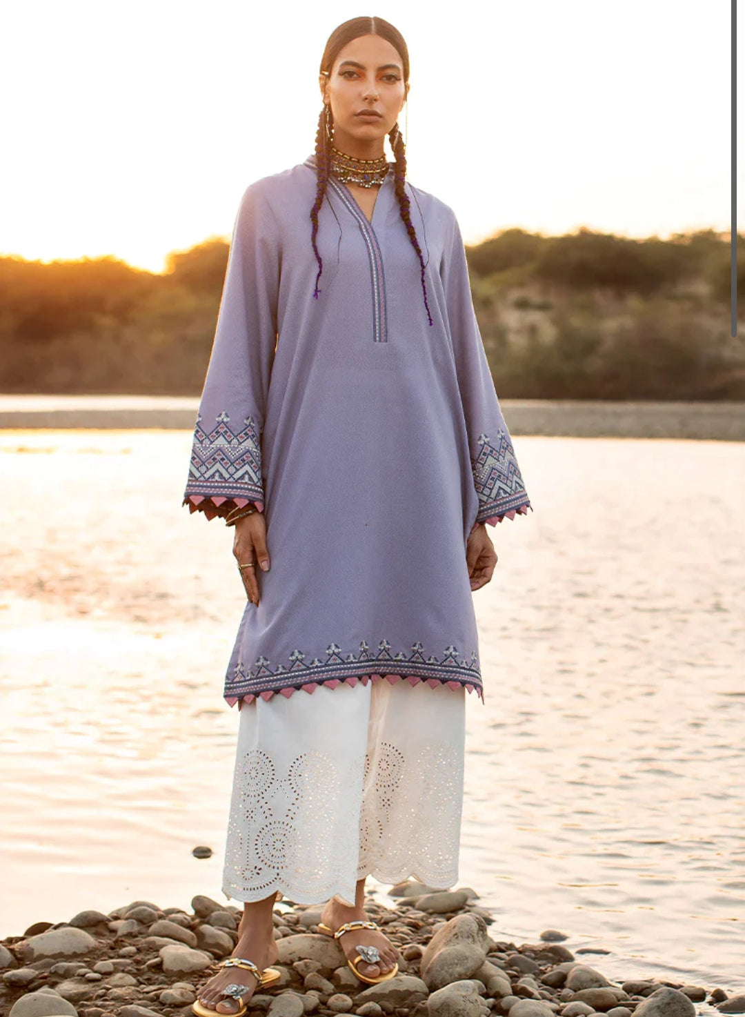 Misty Purple Karandi Embroidered Kurta