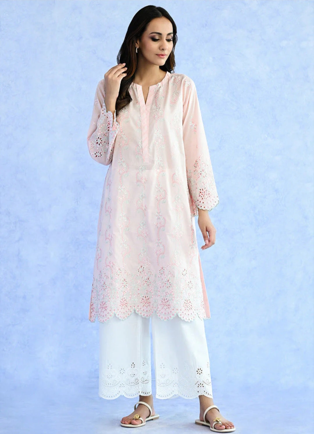 Peachy Pink Embroidered Kurta